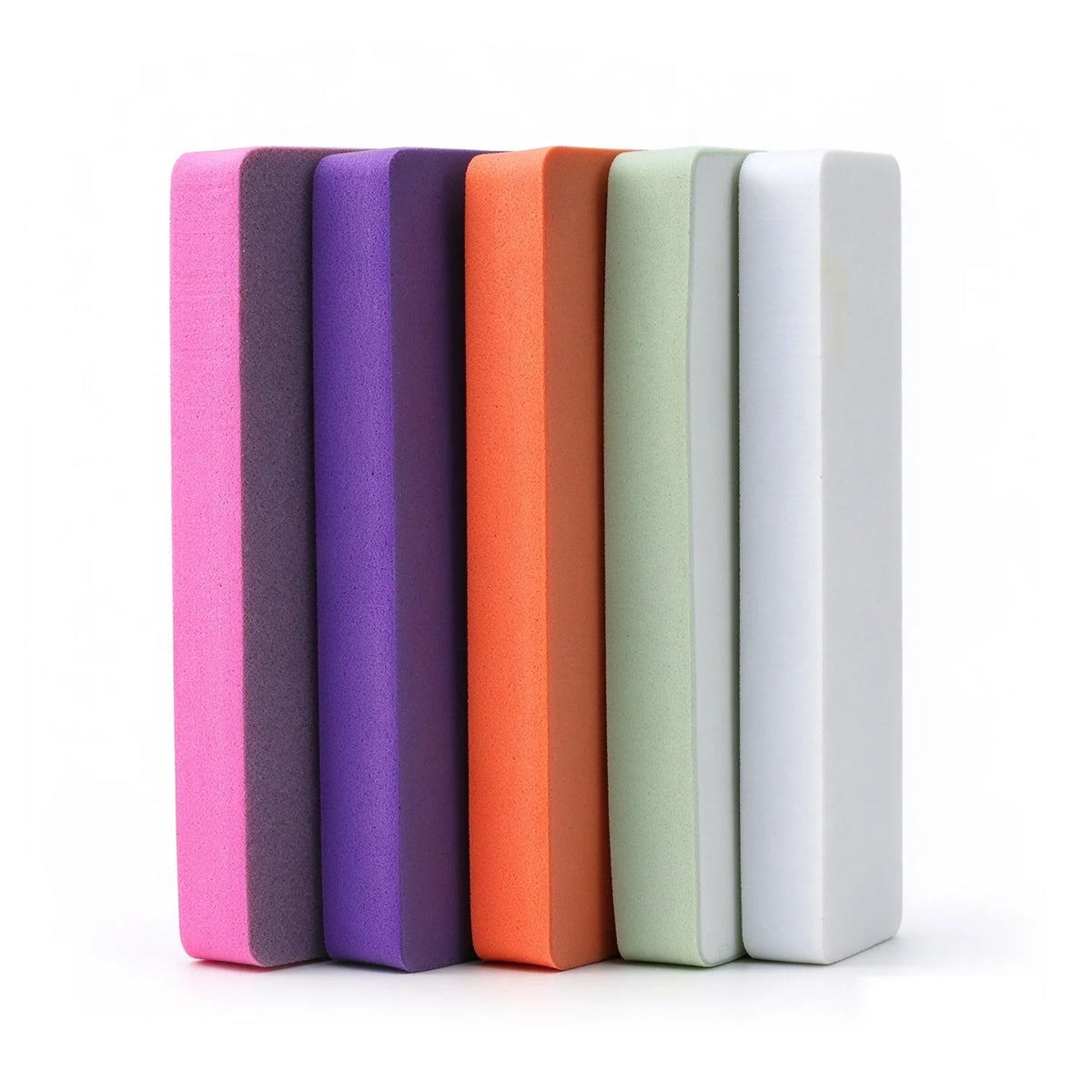 Five colored PLAMOJET sanding and polishing sponge blocks arranged together on white