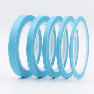 Five blue curved masking tape rolls in assorted widths from 1 mm to 5 mm