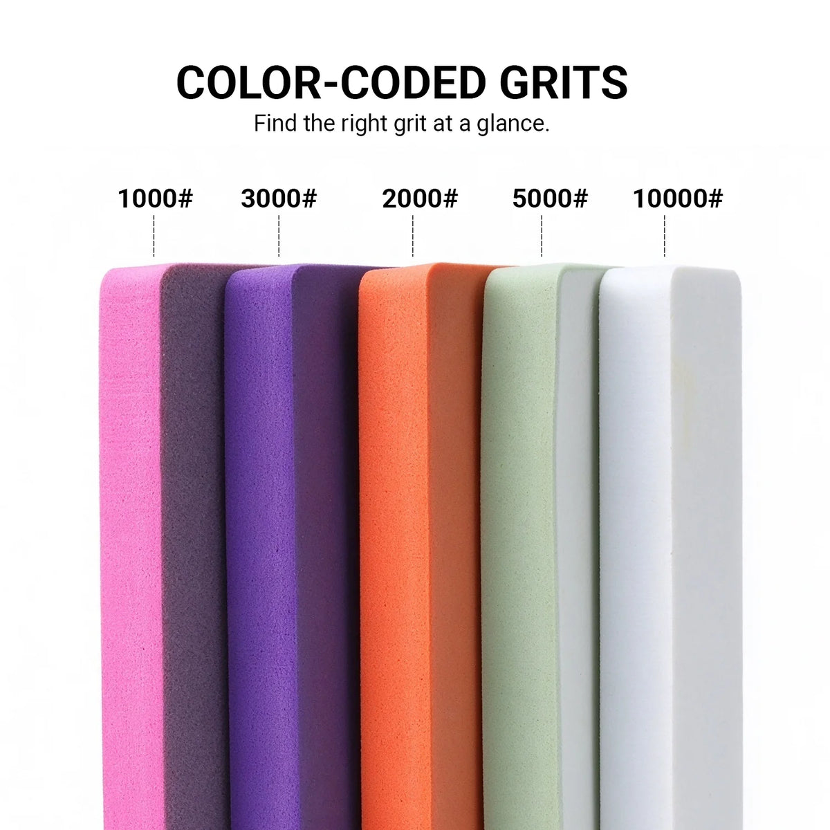 Five color-coded polishing sponge blocks labeled 1000, 3000, 2000, 5000 and 10000 grit