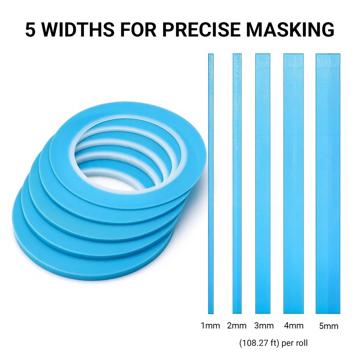 Five widths of PLAMOJET blue curved masking tape from 1 mm to 5 mm shown beside five rolls
