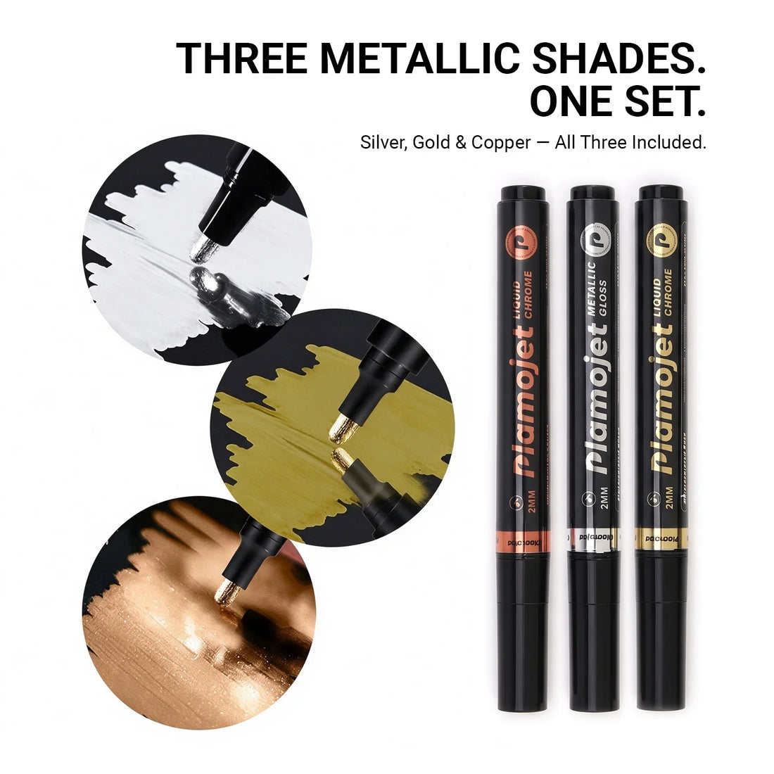 Chrome Silver, Gold and Copper metallic marker finish demonstrations alongside the three-marker set