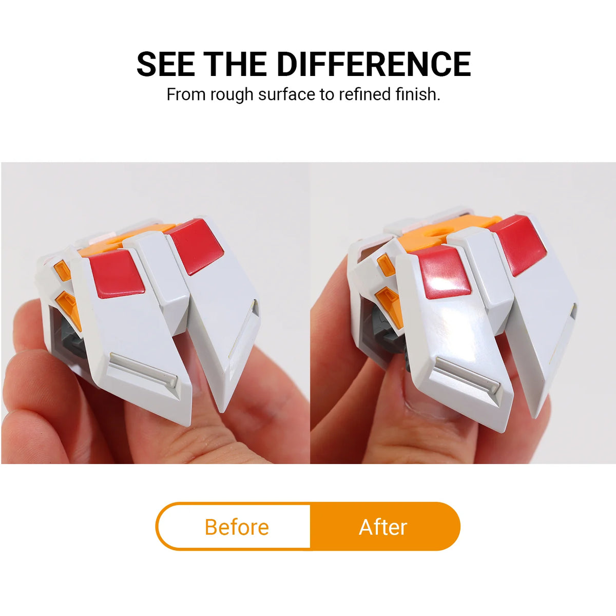 Before and after close-up of a scale model part showing a refined polished surface