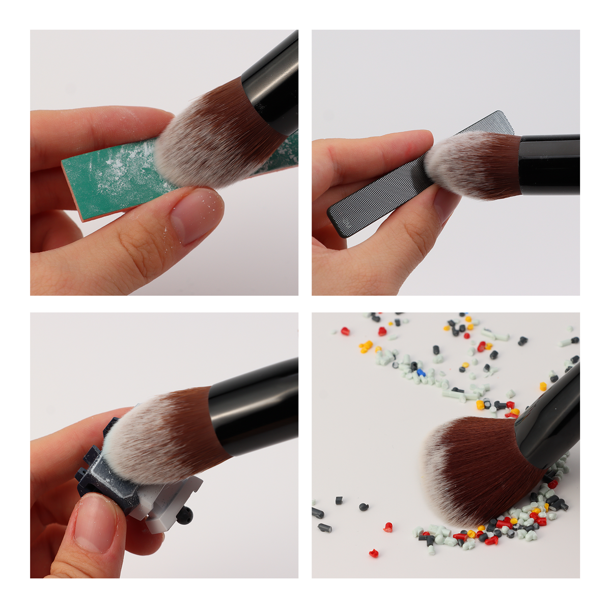 Four examples of cleaning loose dust and small debris from model surfaces and tools with a hobby dusting brush.