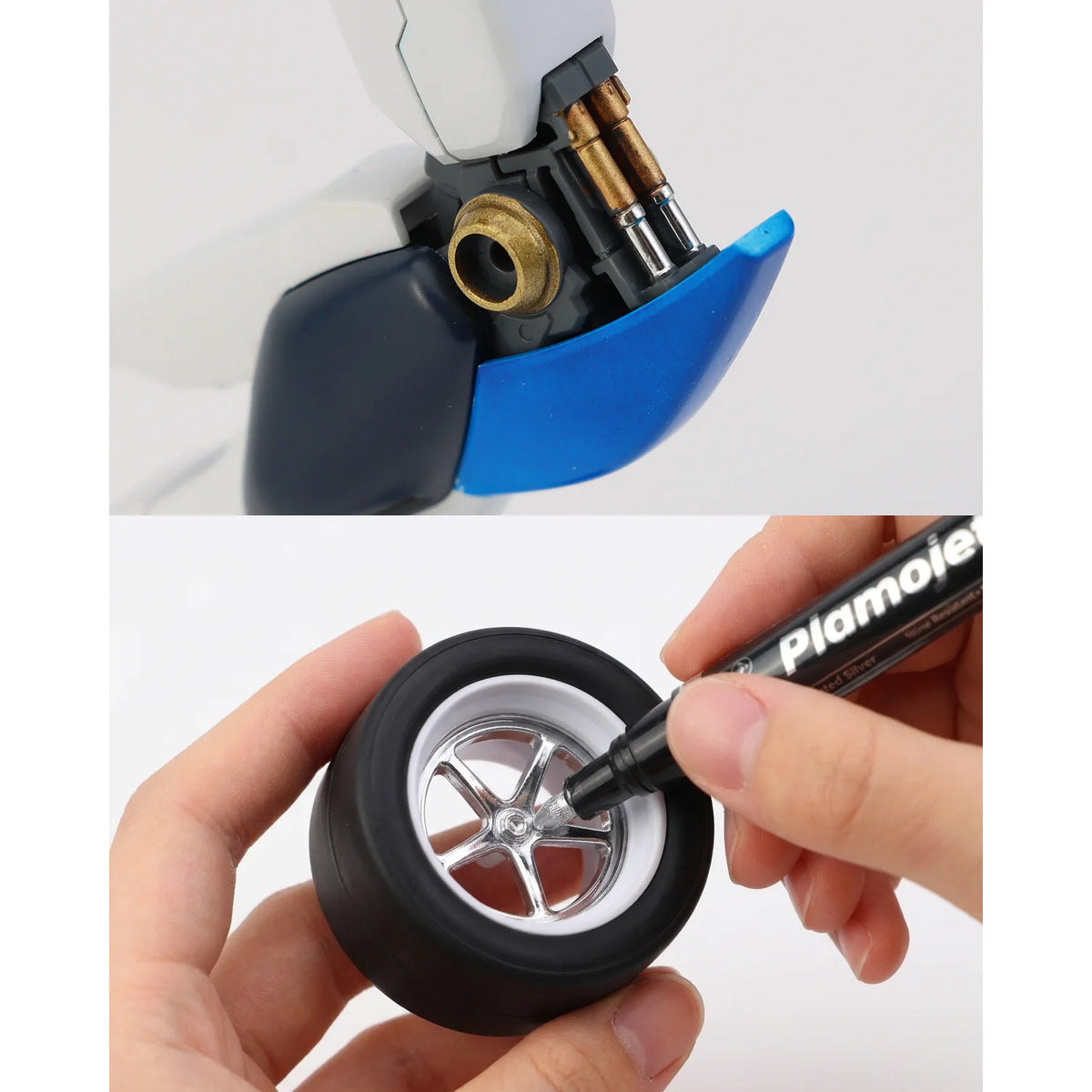 Metallic paint marker detailing a scale model mechanical part and wheel