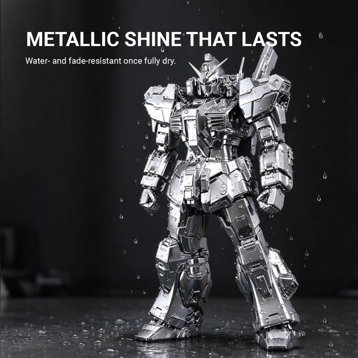 Chrome-finished model display with water droplets, showing the metallic finish