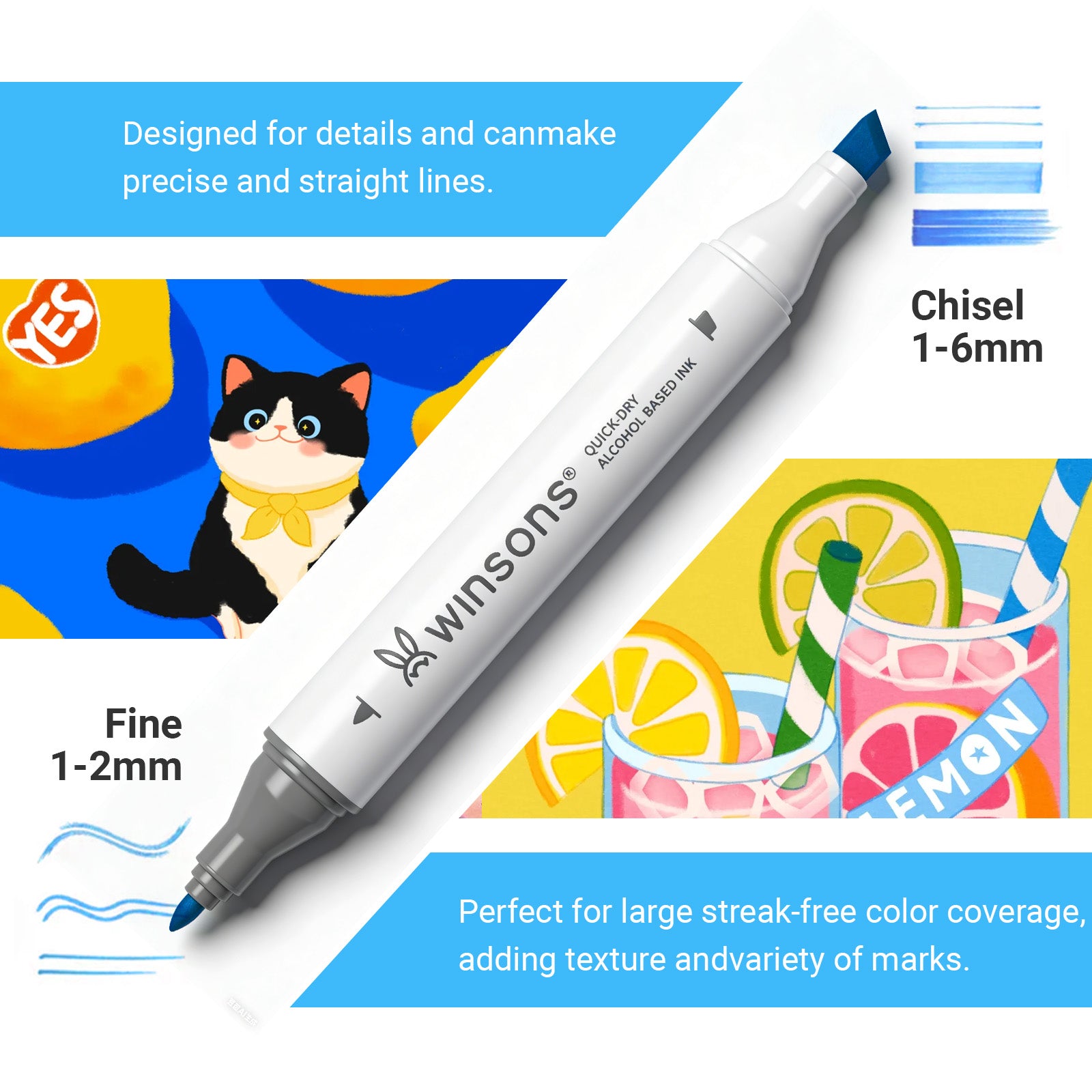 Winsons Upgrade Dual Tip Alcohol Markers Set – Airbrush Compatible Professional Art Markers (24/48/72 Colors)