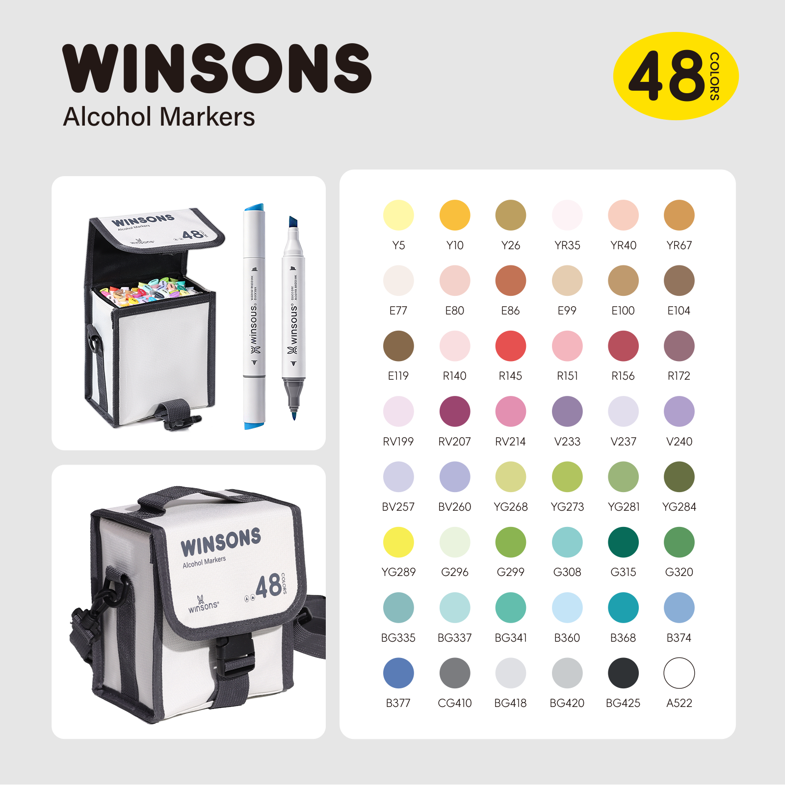 Winsons Upgrade Dual Tip Alcohol Markers Set – Airbrush Compatible Professional Art Markers (24/48/72 Colors)