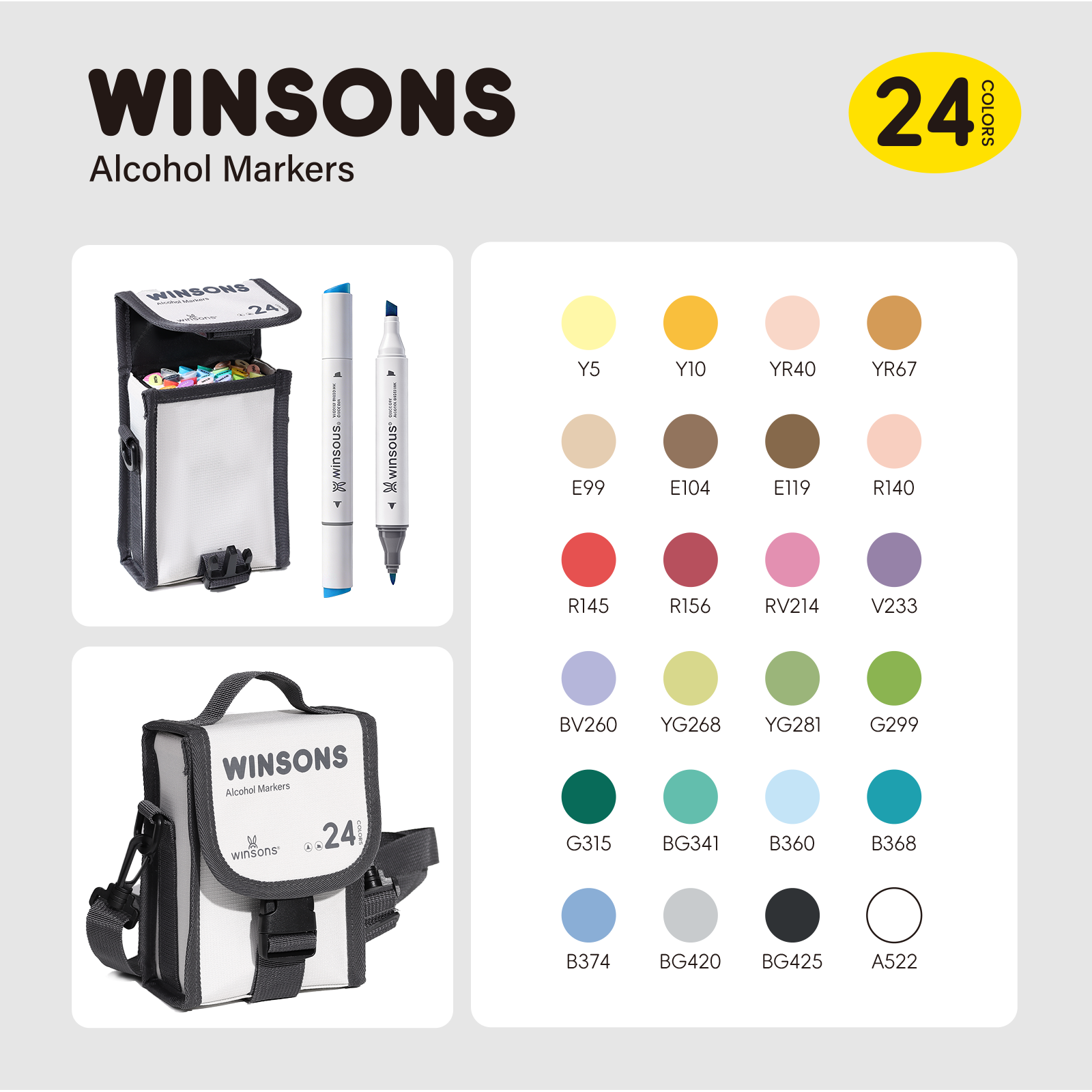 Winsons Upgrade Dual Tip Alcohol Markers Set – Airbrush Compatible Professional Art Markers (24/48/72 Colors)