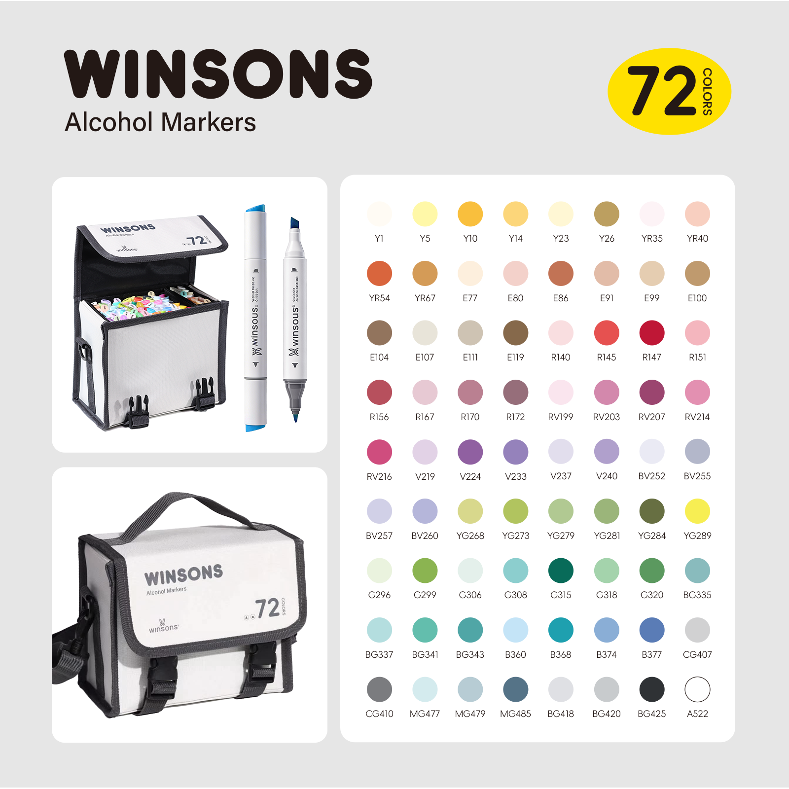 Winsons Upgrade Dual Tip Alcohol Markers Set – Airbrush Compatible Professional Art Markers (24/48/72 Colors)