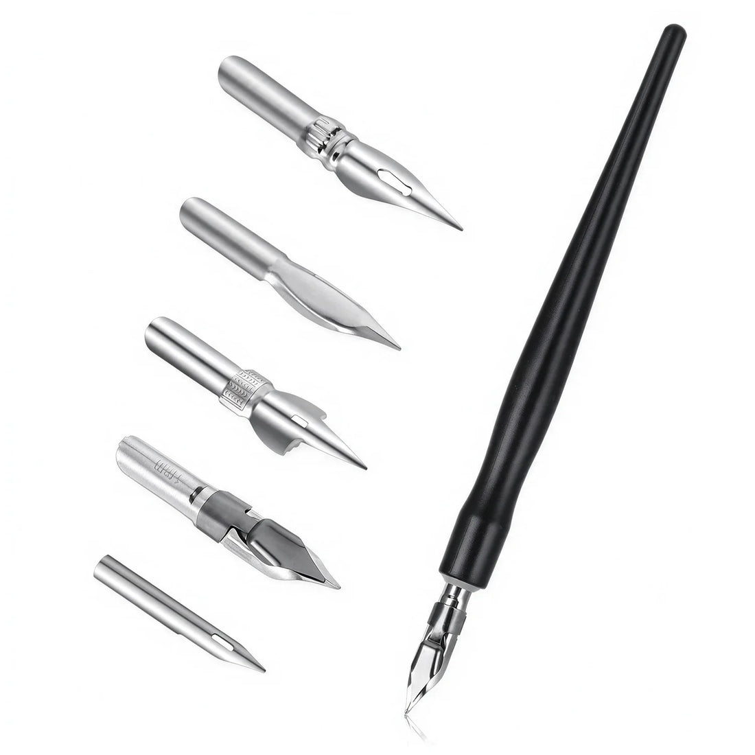 PLAMOJET panel lining pen with black handle and five silver-colored interchangeable tips arranged on white
