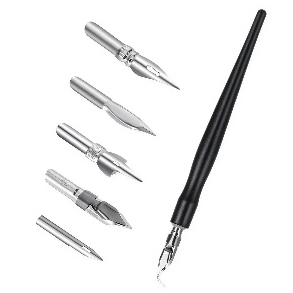PLAMOJET panel lining pen with black handle and five silver-colored interchangeable tips arranged on white