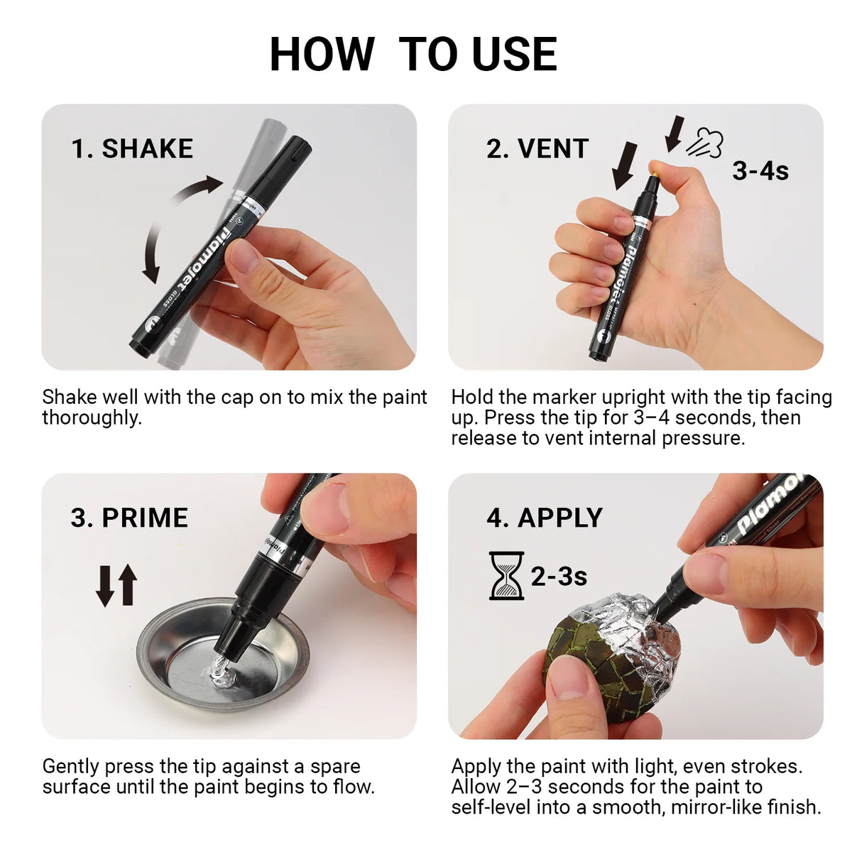 Four-step instructions for using PLAMOJET liquid chrome markers: shake, vent, prime, and apply paint